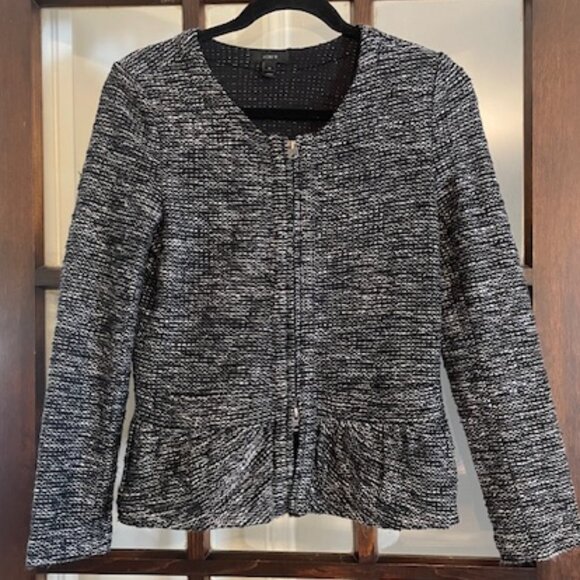 J.Crew Black and White Tweed Peplum Zip Blazer, Size Small - Picture 1 of 6